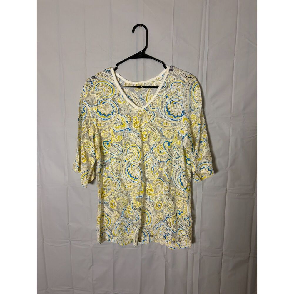 India Boutique Sheer Lace Paisley Top One Size V-Neck Yellow Blue Tunic